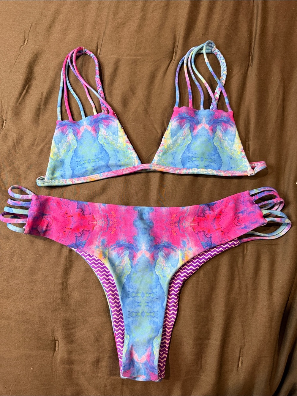 moana bikini Pink Blue Tie-Dye Strappy Triangle Bikini Set